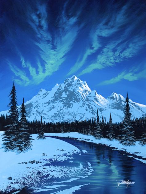 Winter Mountain Landscape Painting, Snow Scenery Painting, Snow Mountains Painting, Fantasy Snow Landscape, Winter Mountain Painting, Snowy Mountains Painting, Snow Mountain Painting, Northern Lights Painting, Butterfly Art Painting