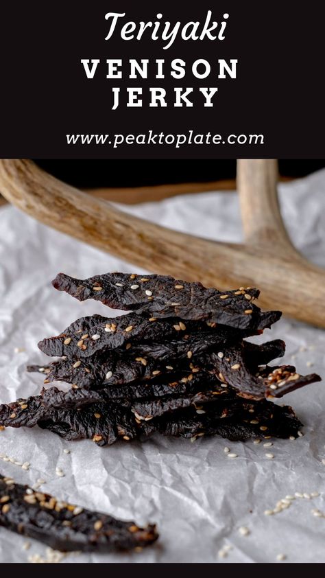 Homemade Teriyaki Venison Jerky Teriyaki Venison Jerky Recipe, Teriyaki Deer Jerky Recipe, Deer Jerky Recipe Teriyaki, Spicy Beef Jerky Recipe Dehydrator, Teriyaki Jerky Marinade Recipes, Deer Jerky Marinade Recipes, Ground Venison Jerky Recipe, Jerky Marinade Recipes, Deer Jerky Recipe