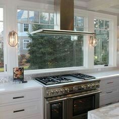 hood in front of window. like the three windows Stove Ideas, Kitchen Surfaces, River View, Kitchen Hoods, Kitchen Stove, Window Decoration, Kitchen Redo, Kitchen Window, Best Kitchen