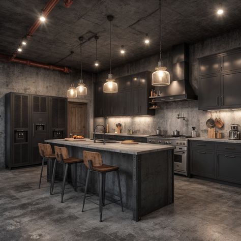 17+ Kitchens Featuring A Black Island – radientlyrawkitchen Industrial Kitchen With Island, Black Island Wood Top, Concrete Kitchen Ideas, Hosting Brunch, Iron Kitchen, Black Island, Black Kitchen Island, Kitchen Games, Kitchen Island Ideas