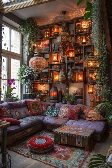 Cozy Boho Living Room Inspiration Vintage, Eclectic Bookshelves, Cottage Boho Living Room, Eccentric Living Room, Eclectic Living Room Decor, Cozy Architecture, Eclectic Boho Living Room, Plant Placement, Whimsical Living Room