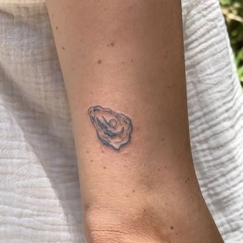 Mollusk Tattoo, Small Oyster Tattoo, Oyster Tattoo Simple, Oyster Tattoo Pearl, Oyster Shell Tattoo, Rhode Island Tattoo, Oyster Tattoo, Blue Ink Tattoos, Pearl Tattoo