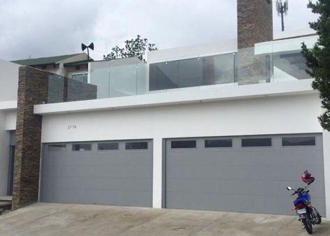 Grey Flush Panel Garage Door with Top Windows Flush Panel Garage Door, Grey Garage Door, Grey Garage Doors, Grey Garage, Garage Extension, Garage Door Windows, Garage Door Panels, Sectional Garage Doors, Modern Garage Doors