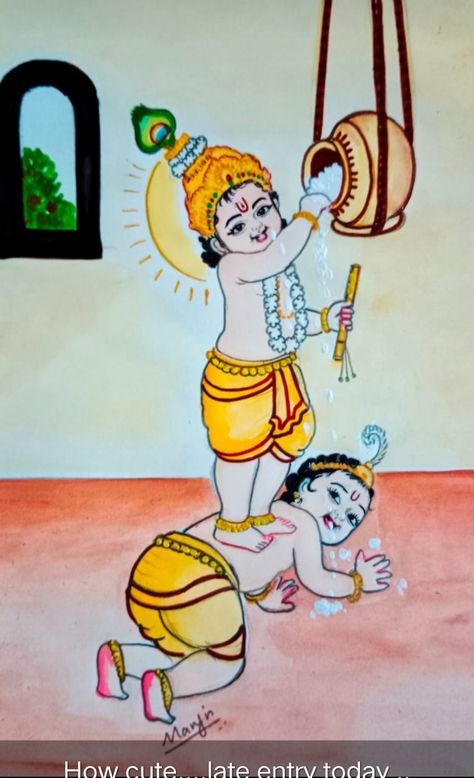 Krishna Leela Drawing, Janmastmi Drawings, Aariwork Drawing, Krishna Childhood, Dramatic Play Preschool, Krishna Drawing, Kerala Mural Painting, Easy Love Drawings, Little Krishna