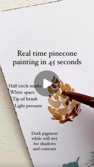 Kristin Van Leuven | Watercolor artist and instructor on Instagram: "I’m equally obsessed with painting pinecones as I am with Karen Carpenter 💕🌲  Pinecones don’t have to be hard! Focus on the shapes you see and leaving enough white space. Then add in the dark colors for a nice pop of contrast to create a shadow.   You’ll need to know how to paint this one for the holiday card posted later tonight!  Paint: daler-Rowney watercolors  Brush: @polina.bright round Paper: arches 140 lb coldpress" Pine Cone Watercolor Paintings, How To Paint Watercolor Pinecones, How To Paint A Pinecone, Winter Watercolor Tutorials, How To Paint Pinecones, Watercolor Christmas Cards Diy Simple, Winter Painting Ideas Easy, Winter Watercolor Simple, Painting Pine Cones