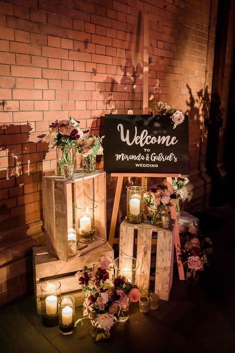 diy rustic barn wedding decor with wood crate and candle lights Crates And Lanterns Wedding, Wooden Crates Wedding Decor, Crate Display Wedding, Rustic Barn Wedding Ideas, Wine Crate Wedding Decor, Wooden Crate Decor Wedding, Wooden Crate Wedding Decor, Wood Crate Wedding Ceremony, Diy Wedding Signs Wood