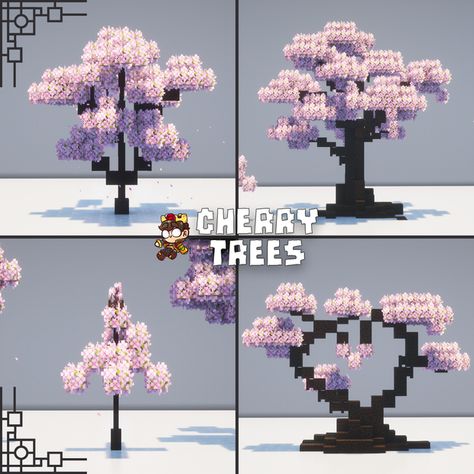 Cherry Trees (Free Download!) | Patreon Minecraft Tree Building, How To Build Custom Trees In Minecraft, Cherry Tree House Ideas Minecraft, Cherry Trees Minecraft, Minecraft Cherry Village Ideas, Cherry Treehouse Minecraft, Cherry Grove Village Minecraft, Fairy Lights Minecraft, Cherry Wood Castle Minecraft