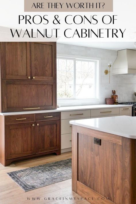 Walnut kitchen cabinets are trending. But should they be? Learn the pros and cons of walnut kitchen cabinets, plus some current design ideas! #walnutkitchen #walnutcabinetry #walnutkitchendesign #kitchendesign #walnutcabinets #kitchendesignideas #woodkitchencabinets Solid Wood Cabinets Kitchen, Modern Walnut Cabinets, Nutmeg Kitchen Cabinets, Classic Wood Kitchen Cabinets, White Kitchen With Walnut Accents, Best Wood For Kitchen Cabinets, Dark Wood And Beige Kitchen, Kitchen Design Walnut Cabinets, Light Walnut Cabinets