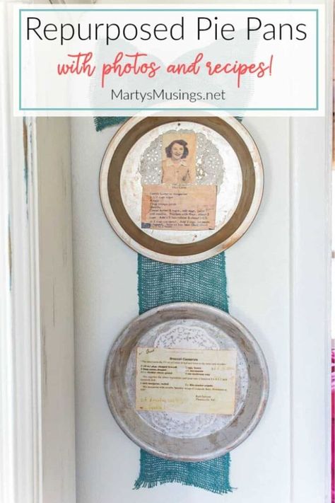 Showcase your favorite family recipes and photos in this nostalgic repurposed pie pans display. Easy way to add photos and memorabilia to your home decor! Chalk Paint Hutch, Fireplace Fall Decor, Doilies Crafts, Artificial Christmas Garland, Decor Quotes, Pie Pan, White Lights, Different Holidays, Photo Decor