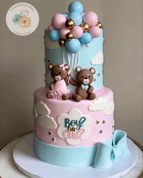 Gender Reveal Cake Two Tier, Babyshowercakes Cake Designs, Baby Shower Cake Ideas Unique, Cake For Gender Reveal, 2 Tier Baby Shower Cake, Gender Reveal Teddy Bear, Gender Reveal Cake Ideas, Album Cake, Unique Baby Shower Cakes