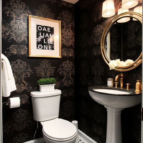 20 Black Powder Room Ideas for A Chic Look Black And Gold Wallpaper Bathroom, Mini Powder Room, Black Powder Rooms, Powder Room Ideas Modern Luxury, Black And Gold Powder Room, Black Powder Room Ideas, Powder Room Ideas Elegant Modern, Dark Powder Room, Powder Room Ideas Modern