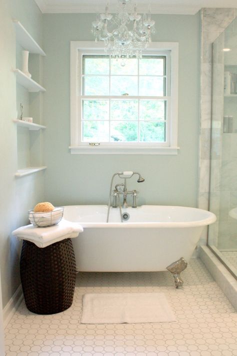 sherwin williams sea salt is one of the most popular green, blue, gray paint colour, good for a spa or beach theme bathroom or room Sherwin Williams Sea Salt, Sea Salt Sherwin Williams, Master Bath Renovation, Blue Green Paints, Bath Renovation, Beach Theme Bathroom, Bad Inspiration, Bathroom Paint Colors, Green Paint Colors