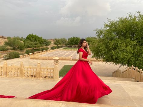 Red gown flared trail satin gown Jaisalmer India pre wedding shoot red dress Gown Red, Red Gowns, Long Gown, Red Formal Dress, Violet, Formal Dresses, Red, Quick Saves, Instagram