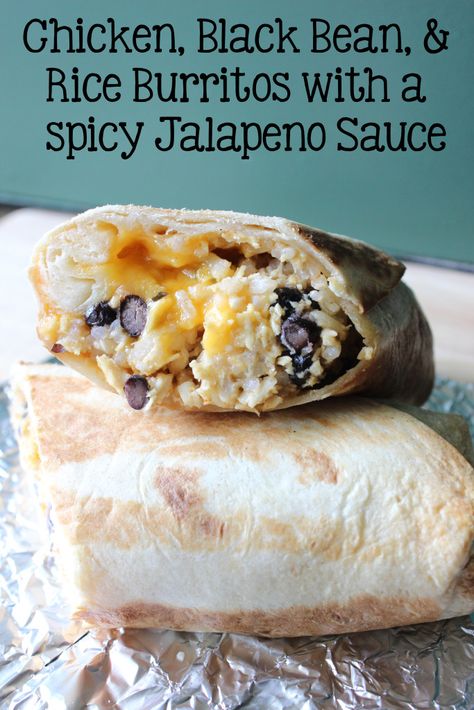 Leftover shredded chicken gets turned into Chicken, Black Bean & Rice Burritos with a Spicy Jalapeno Sauce that you'll be making again and again! Leftover Shredded Chicken, Black Bean Rice, Chicken Black Bean, Bean Rice, Chicory Recipe, Bean Burritos, Jalapeno Sauce, Jalapeno Recipes, Jalapeno Chicken