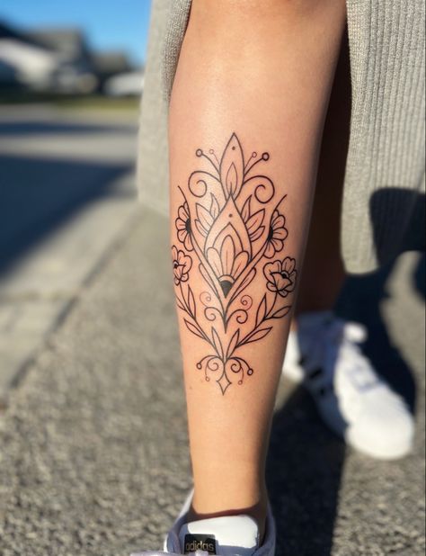 mandala floral leg tattoo Floral Mandala Tattoo Leg, Mandela Tattoo Calf, Mandala Flower Shin Tattoo, Mandala Calf Tattoo, Mandala Tattoo Design Women Leg, Womens Shin Mandala Tattoo, Front Shin Tattoo For Women, Mandala Tattoo Leg, Calf Tattoos For Women