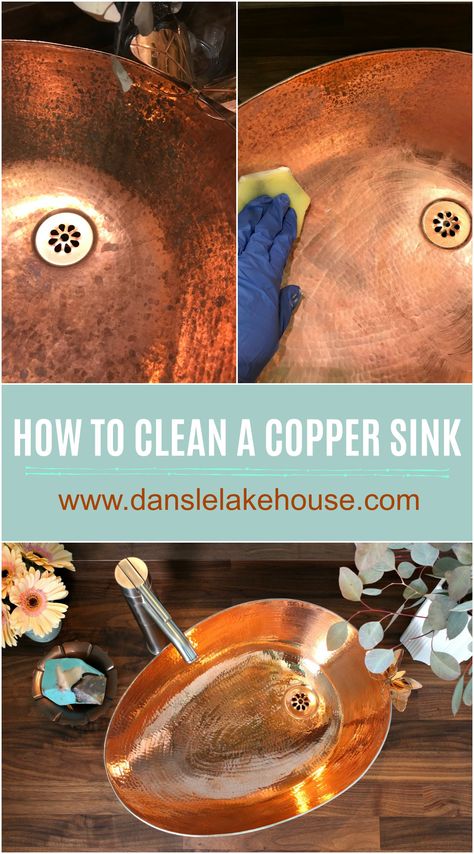 Did My Copper Sink Patina? | How to Clean a Copper Sink Bathroom With Copper Sink, Copper Bathroom Sink Ideas, Cleaning Copper Sinks, How To Clean Copper Sink, Copper Cleaner Diy, Hammered Copper Sink Bathroom, Copper Sink Kitchen, Lakehouse Inspiration, Bathroom Copper Sink