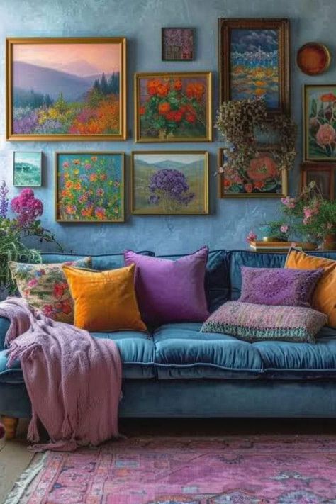 Powder Blue Couch Living Room, Victorian Meets Mid Century Modern, Cool Color Living Room, Odd Furniture Home Decor, Bring Outside Inside Decor, Colorful Moody Living Room, Living Room Designs Maximalist, Colorful Vintage Interior, Colourful Eclectic Interiors