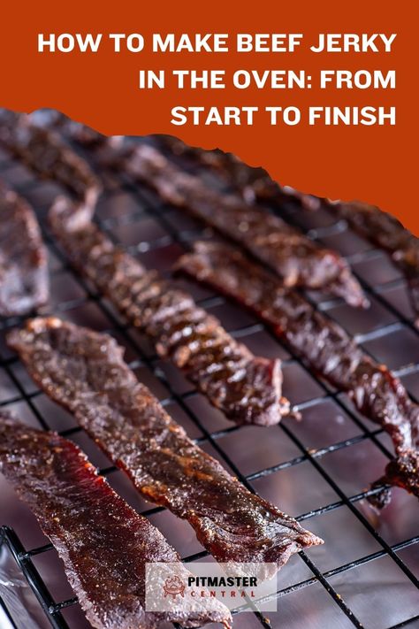 Learn how to make delicious beef jerky right in your own oven with this easy tutorial. Perfect for a tasty snack or on-the-go energy boost. Follow the step-by-step instructions for a mouthwatering result that will have you coming back for more. You won't believe how simple it is to make this savory treat at home. Say goodbye to store-bought jerky and hello to homemade goodness. Deer Jerky Recipe In Oven, Beef Jerky In The Oven, Beef Jerky Recipe Oven, Jerky In The Oven, Easy Beef Jerky, Oven Beef Jerky, Make Beef Jerky, Deer Jerky Recipe, Venison Jerky Recipe