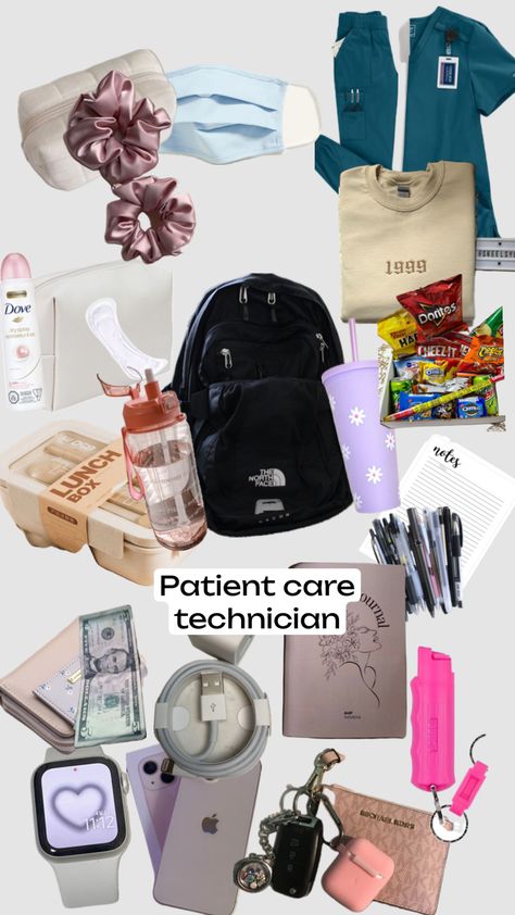 Nurse Things Aesthetic, Medical Assistant Necessities, Whats In My Work Bag Nurse, Er Tech Aesthetic, Pct Nurse, Nurse Needs, Pct Aesthetic, Home Health Aide Aesthetic, Patient Care Technician Aesthetic