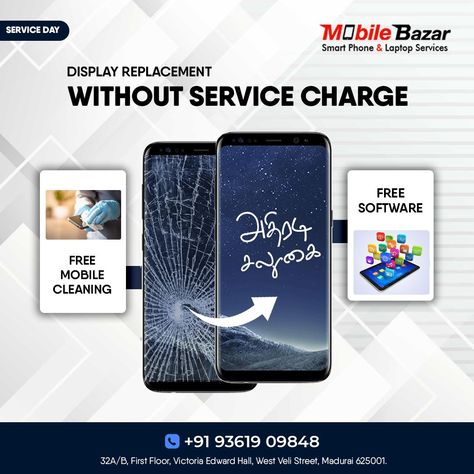 MOBILE BAZAR ( Authorized LENOVO partner & Multi Brand Mobile Service Centre in Madurai) WE DO MOBILE & LAPTOP SERVICE WITHIN 2 HOURS. WE TAKE CARE OF YOUR ALL MOBILE & LAPTOP HIGHLIGHTED SERVICES *HARDWARE ISSUES *BROKEN SCREEN REPLACEMENT *WATER LOCK SERVICE Servicing with brand OG spares with Brand Warranty Visit us at Address - Mobile Bazar, Victoria edward hall building, West veli street, Periyar bus stand near, Madurai - 625001. PH: 7010498749 , 9361909848 Mobile Service Poster, Cell Phone Store, Photoshop Lessons, Laptop Service, Edward Hall, Smartphone Repair, Mobile Service, Bus Stand, Phone Store