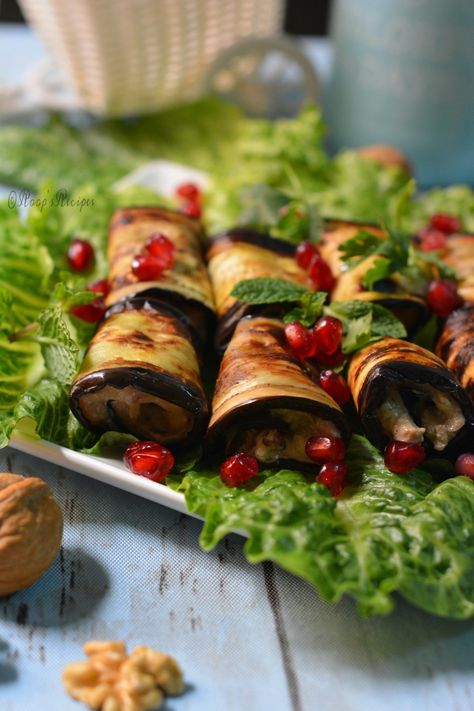 Badrijani Nigvzit( Eggplant Rolls with Walnut Filling) – Roop's Recipes Eggplant Walnut Rolls, Georgian Eggplant Rolls, European Lunch, Georgian Recipes, Aubergine Recipes, Eurovision Party, Healthy Starters, Aubergine Recipe, Eggplant Rolls