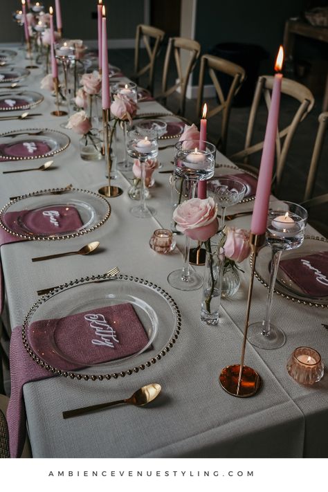 Contemporary design for those wanting to have a pink colour palette for their wedding or event. Tonal styling really brings this design to life with the added texture of the luxurious table linen. @ambiencenorthyorkshire @eilishlouisephotography @hutton_wandesley_stables Pink And Gold Tablescape, Table Setting Spring, Pink Colour Palette, Tablescape Design, Centrepiece Ideas, Banquet Dining, Pink Wedding Centerpieces, Spring Wedding Color Palette, Diner Table