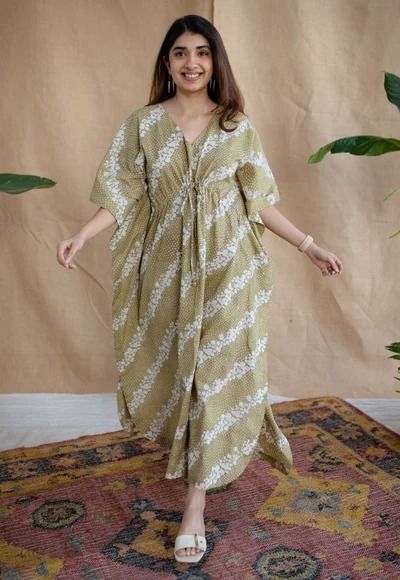 Buy Cotton Kaftan Dress Online At Best Prices | The Indian Ethnic Co – THE INDIAN ETHNIC CO. Silk Kurtas, Kaftans Dresses, Cotton Kaftan Dress, Kalamkari Fabric, Kaftan Dresses, Cotton Kaftan, Holiday Wear, Cool Store, Kaftan Dress