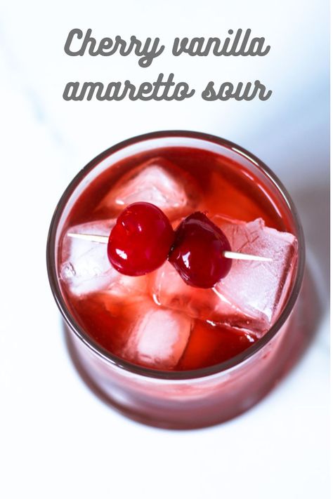 Vanilla vodka and tart cherry juice elevate the classic amaretto sour into one delicious cocktail! Cheerwine Alcohol Drinks, Whiskey And Amaretto Drinks, Cherry Coke Mixed Drink, Amaretto And Pineapple Juice, Cherry Bomb Cocktail Recipes, Cherry Vanilla Old Fashioned, Recipes With Cherry Juice, Amaretto Simple Syrup Recipe, Holiday Amaretto Drinks