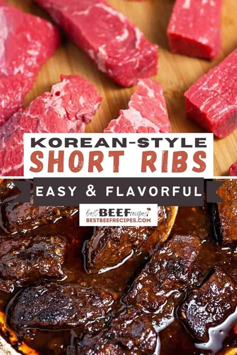 Complete with a sweet and spicy chili garlic sauce marinade, our Korean Beef Short Ribs recipe is irresistible! It takes 15 minutes or less to prep. A perfect, easy dinner recipe! #bestbeefrecipes #beefrecipes #beef #shortribs #beefshortribs #flankenribs #ribsrecipes #ribsrecipe #koreanrecipes #galbijjim #koreanrecipe via @bestbeefrecipes Korean Short Ribs Recipe, Beef Short Ribs Oven, Best Short Rib Recipe, Korean Braised Short Ribs, Galbi Jjim, Korean Beef Short Ribs, Sweet And Spicy Chili, Best Ribs Recipe, Ribs Recipe Oven