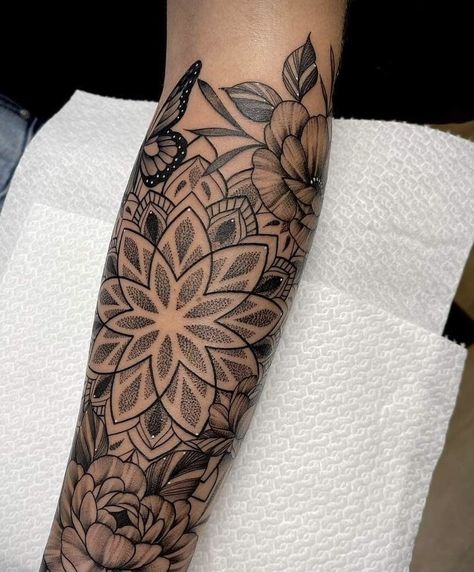 Floral Arm Tattoos For Women Forearm, Mandala Sleeve Filler, Realism Sleeve Tattoo Women, Forearm Tattoo Women Sleeve Mandala, Mandala Sleeve Tattoo Women, Mandala And Flower Tattoo Sleeve, Forearm Tattoo Women Sleeve, Mandala Tattoo Sketch, Elbow Mandala Tattoo