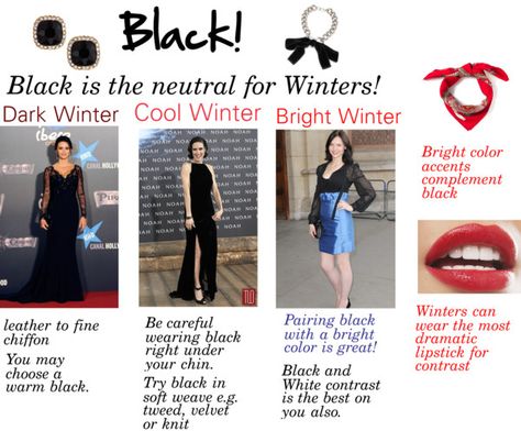 Black for Winters! Winter Skin Tone, Winter Romantic, Cool Winter Color Palette, Deep Winter Palette, Winter Bright, Winter Style Guide, Deep Winter Colors, Winter Dark, Winter Cool