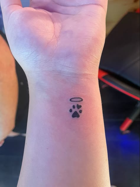 Meaning Fill Tattoos, Paw Print Stick And Poke Tattoo, Paw Print Halo Tattoo, Passed Animal Tattoos, Past Pet Tattoo, Tattoo For Dead Dog, Tattoos For Dead Dogs, Dead Pet Tattoo, Small Dog Memorial Tattoo