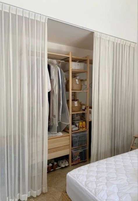 Unique Storage Ideas For Small Spaces Bedrooms, No Closet Solutions Bedroom, Curtain Wardrobe, Parisian Studio, Dressing Room Closet, Closet Curtains, Open Wardrobe, No Closet Solutions, Open Closet