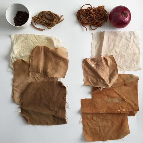 Dye samples from the natural dye workshop I taught a couple weeks ago. On the left: Coffee beans on wool yarn, linen, silk, and wool fabric. On the right: Onion skins on wool yarn, linen, silk, and wool fabric. Undertones of yellow and green versus oranges and pink. Made by Katrina. How To Dye Clothes, Clothes Brown, Dye Clothes, Natural Paint, Natural Dye Fabric, Natural Dyeing, Dye Fabric, Botanical Dyeing, Tea Dyeing