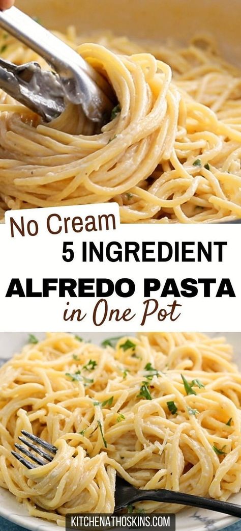 Learn how to make easy one pot alfredo pasta recipe that is made with milk for a for a lighter dish and it makes an easy 20 minute dinner idea. Add cooked chicken or shrimp to add some protein and make it a complete 5 ingredient meal for kids or the family during busy weeknights. Get the one pot pasta with alfredo sauce at kitchenathoskins.com. One Pot Pasta Alfredo Easy Recipes, Alfredo Pasta Crockpot Recipes, One Pot Shrimp Alfredo, What To Make With Alfredo Sauce, Pasta Sauce With Milk, Alfredo And Marinara Pasta, One Pot Alfredo Pasta, One Pot Alfredo, Low Calorie Alfredo Sauce