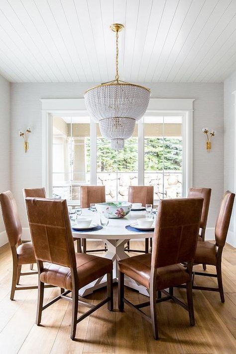 Whimsical Bedroom, Brown Leather Chairs, Intimate Gathering, Transitional Dining Room, Transitional Dining, House Paint Interior, Black Dining Chairs, White Dining Table, Round Tables