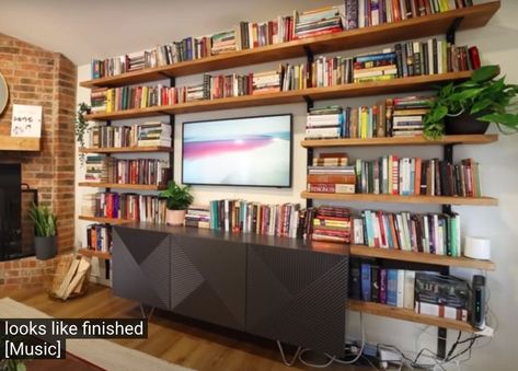 I really like what the DIY Wife on Youtube created for her friend's living room. Thinking of doing this for my son's room. Tv In Bookshelf Next To Fireplace, Tv In Front Of Bookshelves, Bookshelves Above Tv, Diy Bookshelf Tv Wall, Bookcase Tv Wall Living Room, Tv And Bookshelf Wall Living Room, Book Shelf Tv Wall, Wall Book Shelf Ideas Living Room, Living Room Bookshelves With Tv