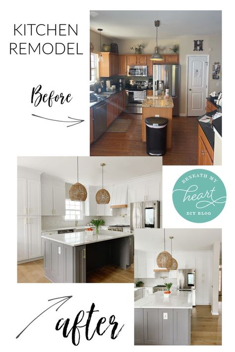 Before and After photos of this beautiful kitchen remodel. Links to products included in post. #kitchenremodel #kitchenmakeover #graykitchenisland #kitchenupdate #whitekitchen #modernkitchen #beforeandafter Dated Kitchen Makeover Budget, Menards Kitchen Remodel, Updated 2000 Kitchen, Renovated Kitchen Before And After, Rambler Kitchen Remodel, 1990 House Remodel, Kitchen Renovation Ideas Before After, Before After Kitchen Remodel, 90s Kitchen Remodel Before And After