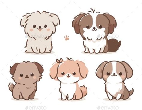 Five Cute Cartoon Dogs in Various Poses Cartoon Dog Drawing, Dogs Cartoon, Cartoon Dogs, Different Expressions, Puppy Drawing, Logo Presentation, Dog Poses, Adorable Puppy, Chihuahua Puppies