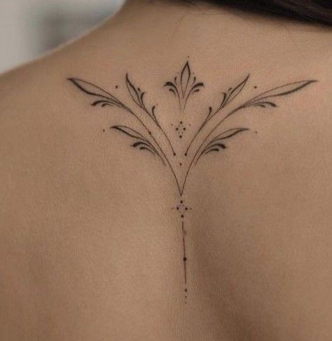 Small Chest Ornament Tattoo, Ornamental Spine Tattoos For Women, Ornamental Tattoo Back Woman, Nape Tattoo Women, Ornamental Spine Tattoos, Bohemian Tattoos For Women, Delicate Back Tattoo, Back Spine Tattoo Women, Women Chest Tattoo Classy