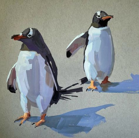 Penguin Oil Painting, Penguin Painting Acrylic Easy, Penguin Watercolor Painting, Wall With Art, Penguin Painting, Conga Line, Penguin Drawing, Penguin Art, Toned Paper