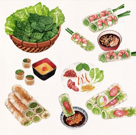 Vietnamese Spring Rolls, Vietnamese Cuisine, Summer Rolls, Peanut Sauce, Vietnamese Recipes, Food Drawing, Spring Rolls, Fish Sauce, Food Illustrations