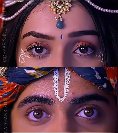 Radha Kumkum Design, Radha Bindi Design, Gopi Makeover, Radha Eye Makeup, Radha Outfit, Radha Krishna Eyes, Radha Makeup Look, Krishna Makeup, Gopi Dots