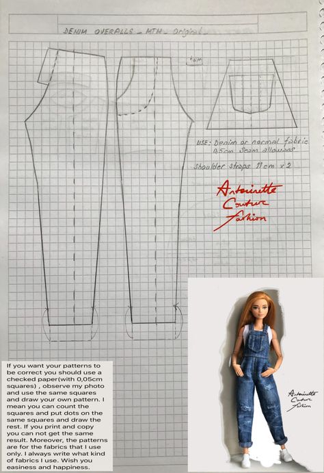 Barbie Overalls Pattern, Clothes For Barbie Dolls, Barbie Clothing Patterns, Barbie Clothes Template, Fashion Dolls Couture, Barbie Overalls, Barbie Doll Sewing Patterns Free, Barbie Patterns Sewing, Barbie Sewing