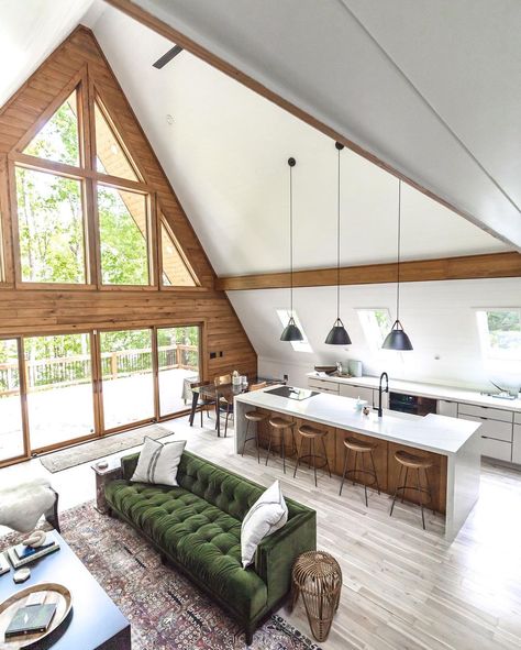 A-frame Interior, Modern A Frame Cabin, A Frame House Plans, Green Couch, Green Sofa, A Frame Cabin, A Frame House, Large Bedroom, Cabins In The Woods