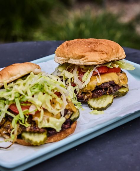 Smashed Butter Burgers - Tillamook Smashed Butter Burgers, Classic Backyard, Smashed Burgers, Tillamook Cheese, Butter Burgers, Lunch Sides, Bbq Chicken Sandwich, Burger Toppings, Backyard Cookout