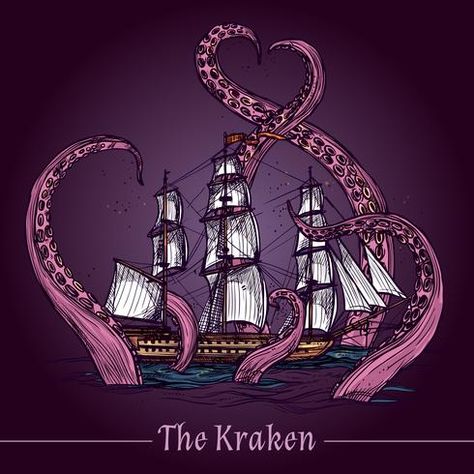 Kraken Sketch, Kraken Illustration, Kraken Ship, Adventure Logo, Badge Template, The Kraken, Watercolour Texture Background, Japanese Symbol, Cartoon Fish