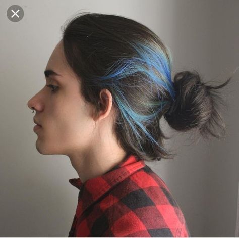 Dyed Long Hair Men, Black Hair Blue Tips, Blue Hair Streaks, Man Ponytail, Long Hair Highlights, Dark Blue Hair, Mens Hair Colour, Black Hair Dye, Hair Color Streaks