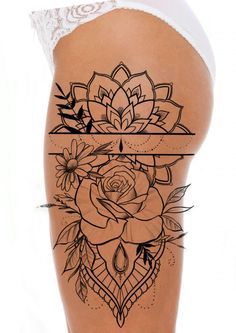 Thigh Tattoo Stencils For Women, Behind Leg Tattoo Thighs, Tight Tattoo, Tight Tattoos, Tattoo Pierna Mujer, Tattoo Bein Frau, Mandala Hip Tattoo, Front Thigh Tattoos, Thigh Henna