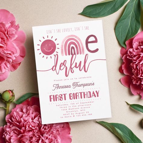 Isn't she Lovely Onederful Pink Rainbow Birthday Invitation Birthday Calligraphy, Sunshine First Birthday, Onederful Birthday, 92nd Birthday, Rainbow Birthday Invitations, Sunshine Birthday, Rainbow Pastel, Isnt She Lovely, Watercolor Rainbow